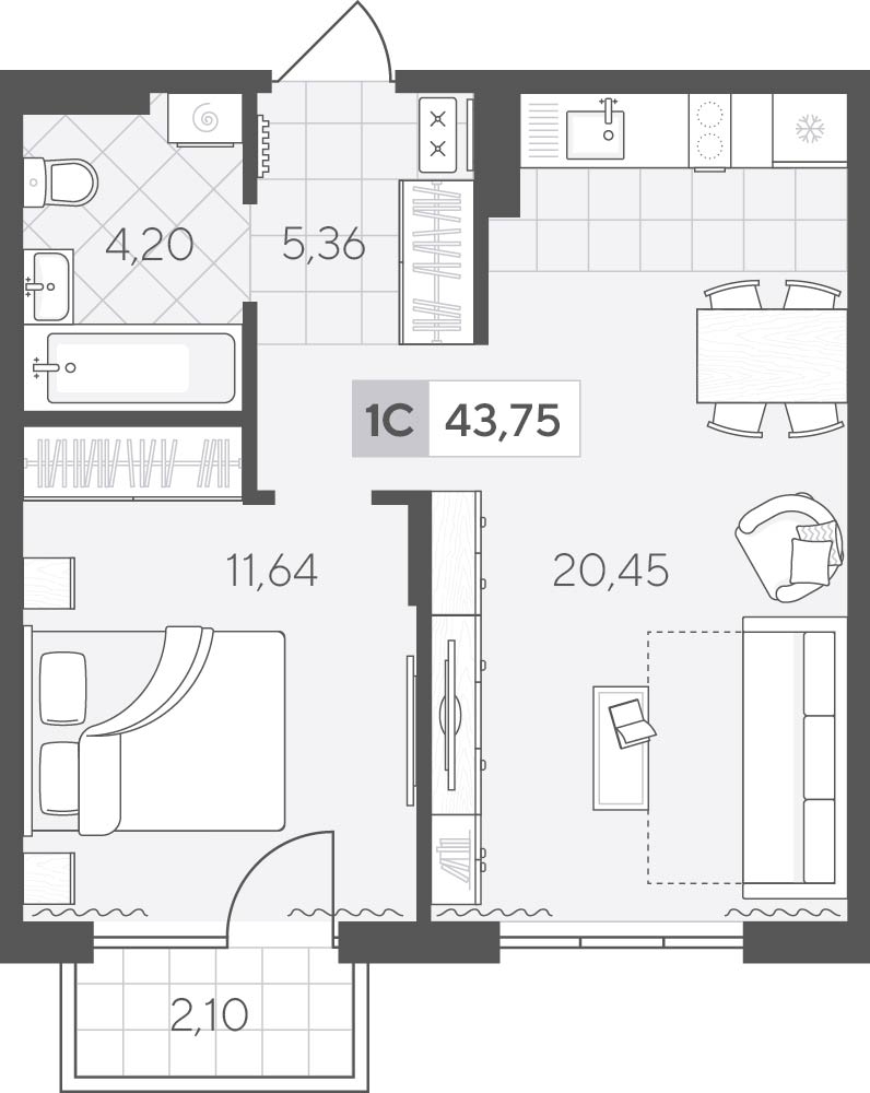 Планировка: Евродвушка 43.8 м² в ЖК Скандиа. Квартал у озера, Лесобаза