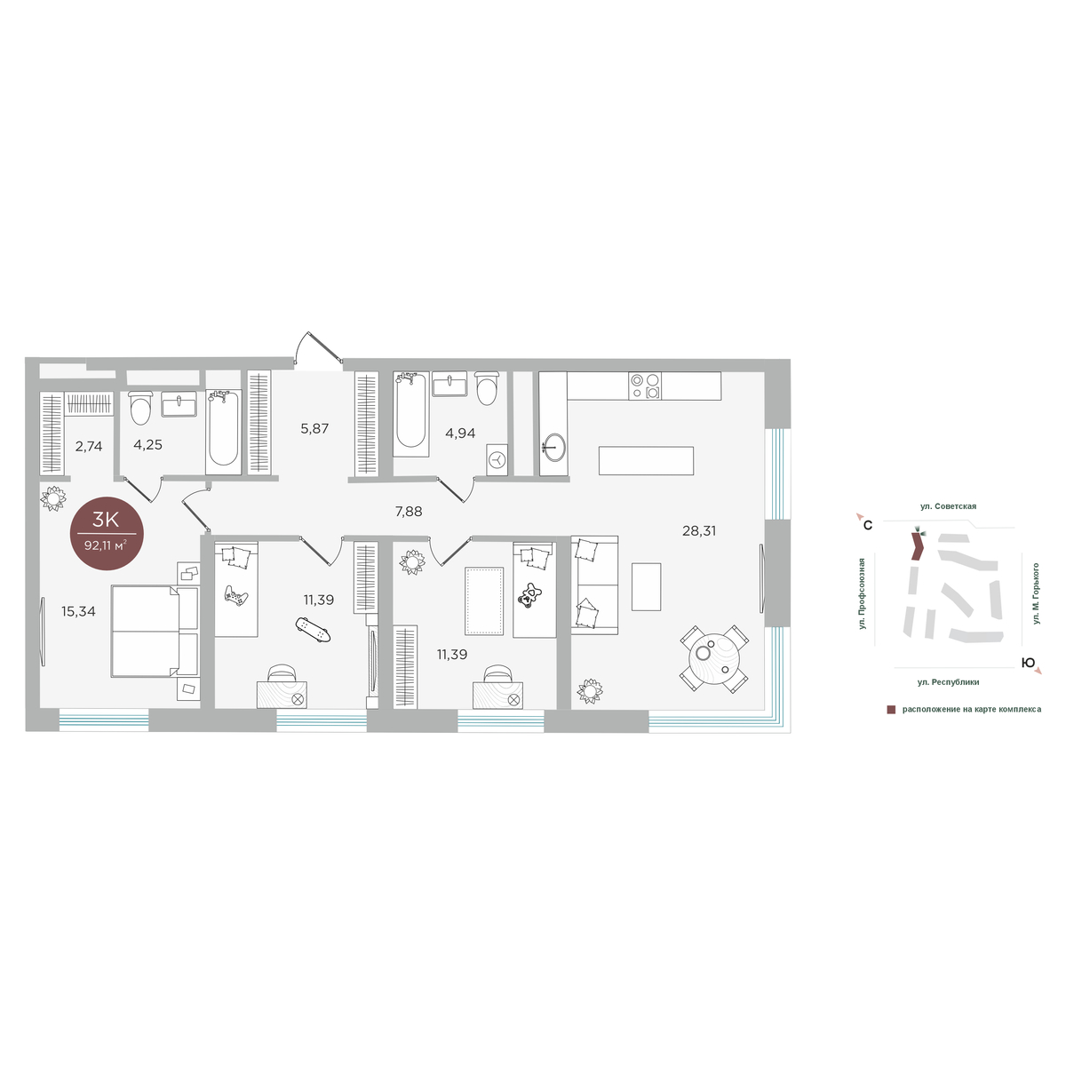 Планировка: 4-комнатная евро 92.1 м² в ЖК Авторский квартал "Машаров", Центр: Драмтеатр