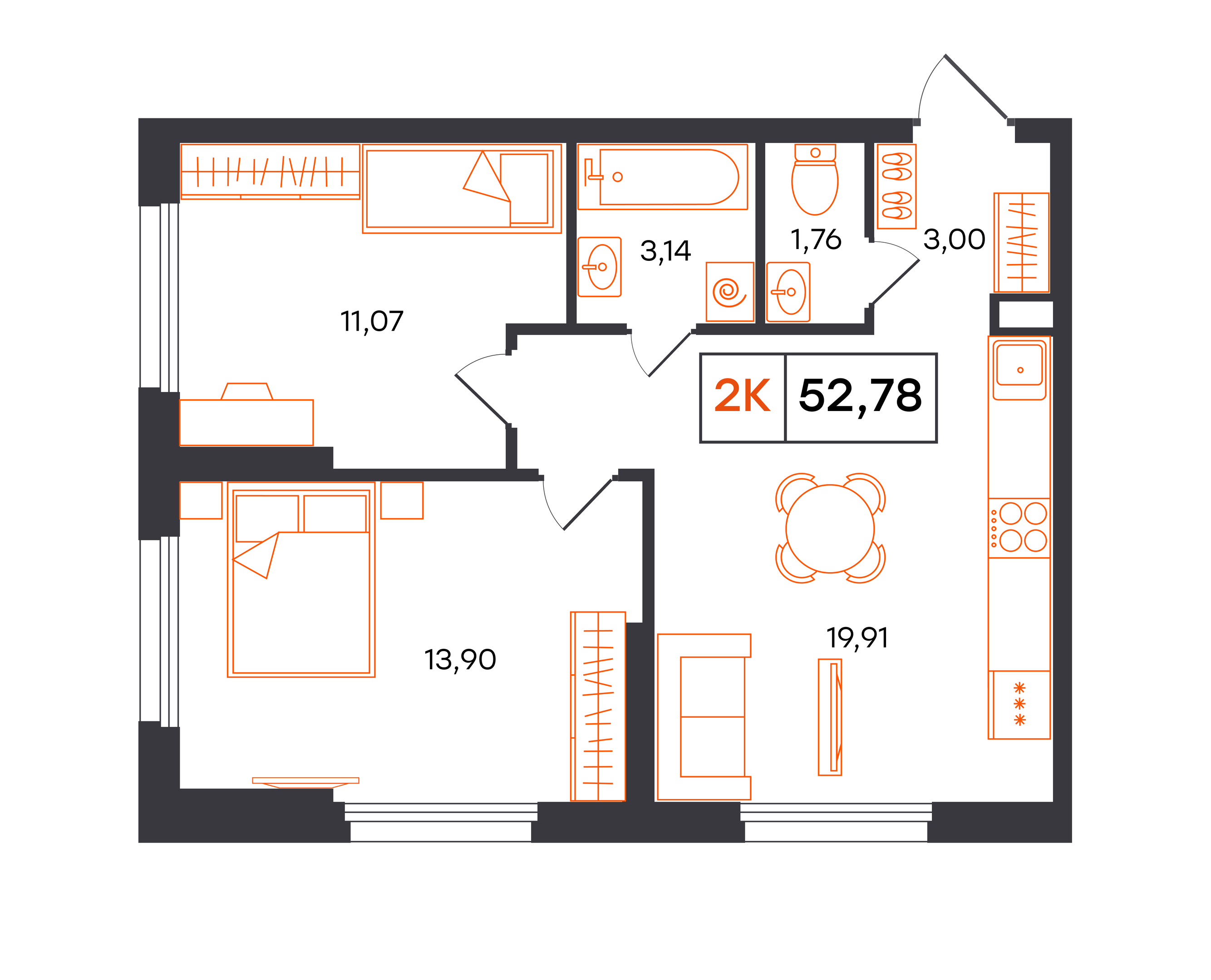 Планировка: Евротрешка 52.8 м² в ЖК Фатера, Дом Обороны
