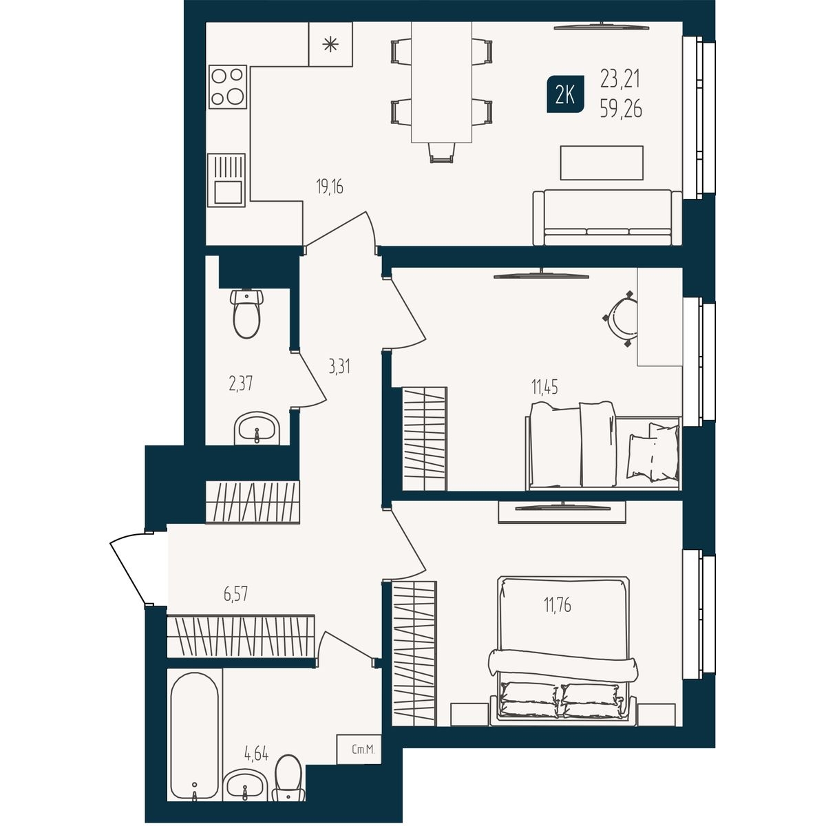 Планировка: Евротрешка 59.3 м² в ЖК Квартал мятный, Мыс