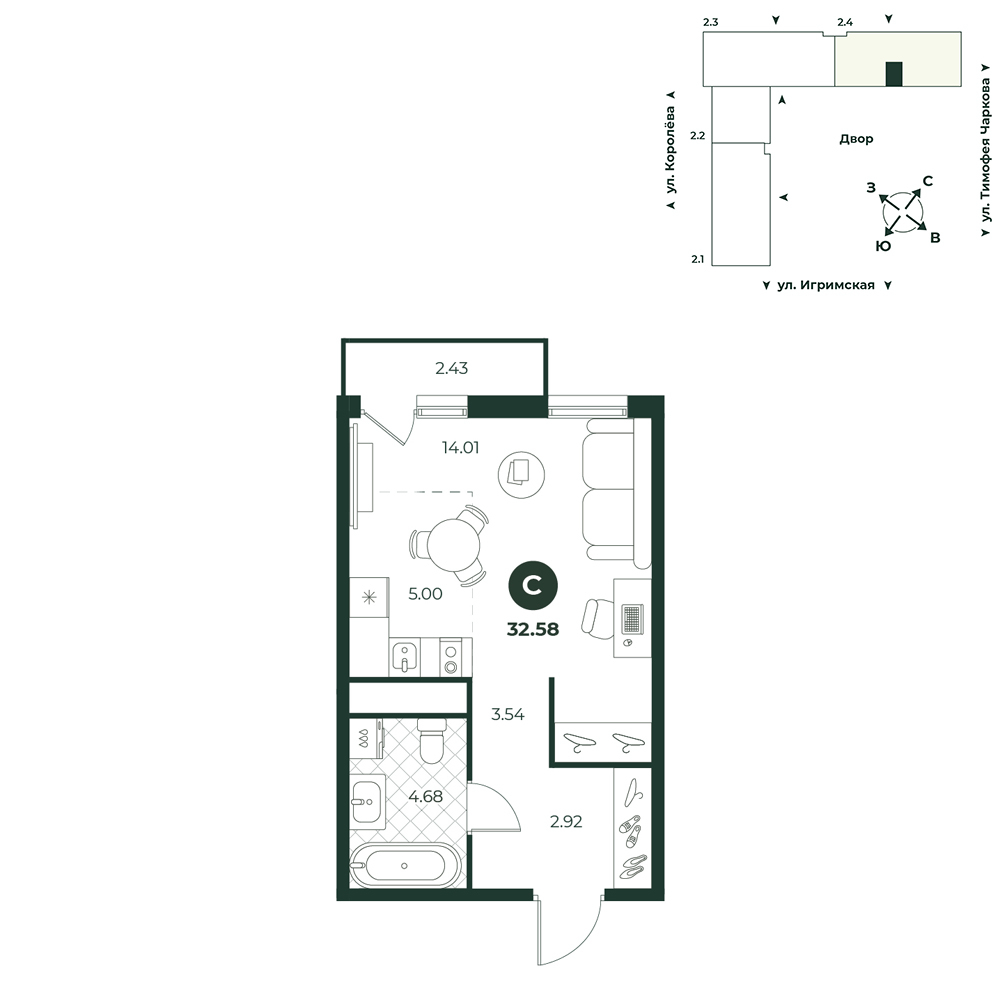 Планировка: Студия 32.6 м² в ЖК Игрим, От Тарманов до Тобольского тракта