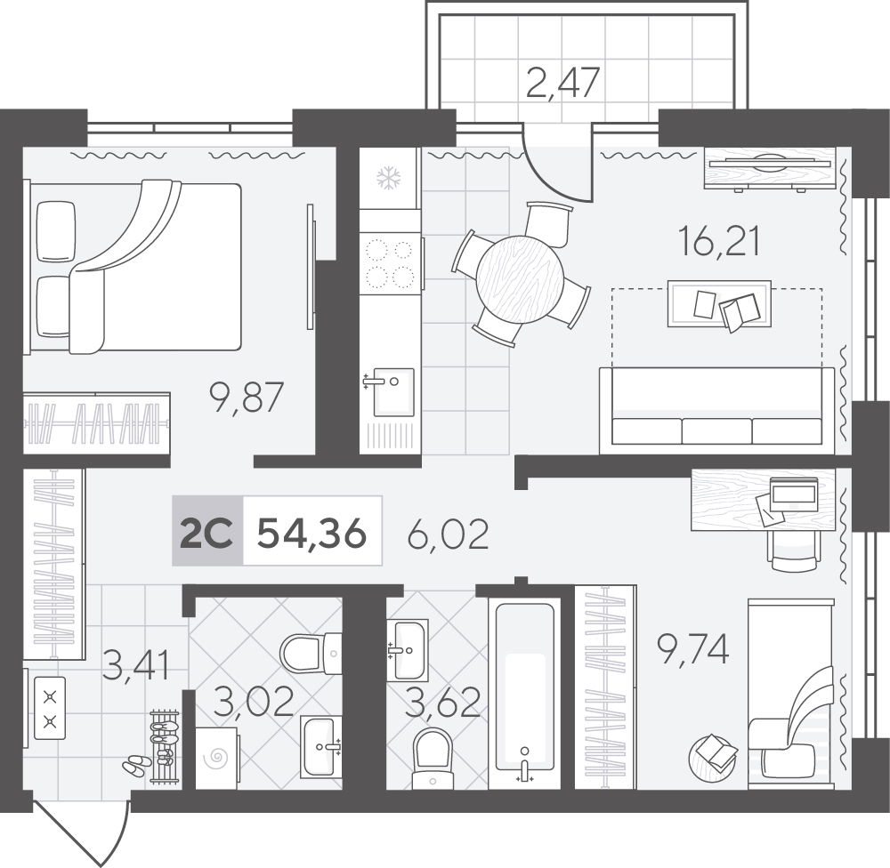 Планировка: Евротрешка 54.4 м² в ЖК Скандиа. Квартал в Комарово Парк, Комарово Парк