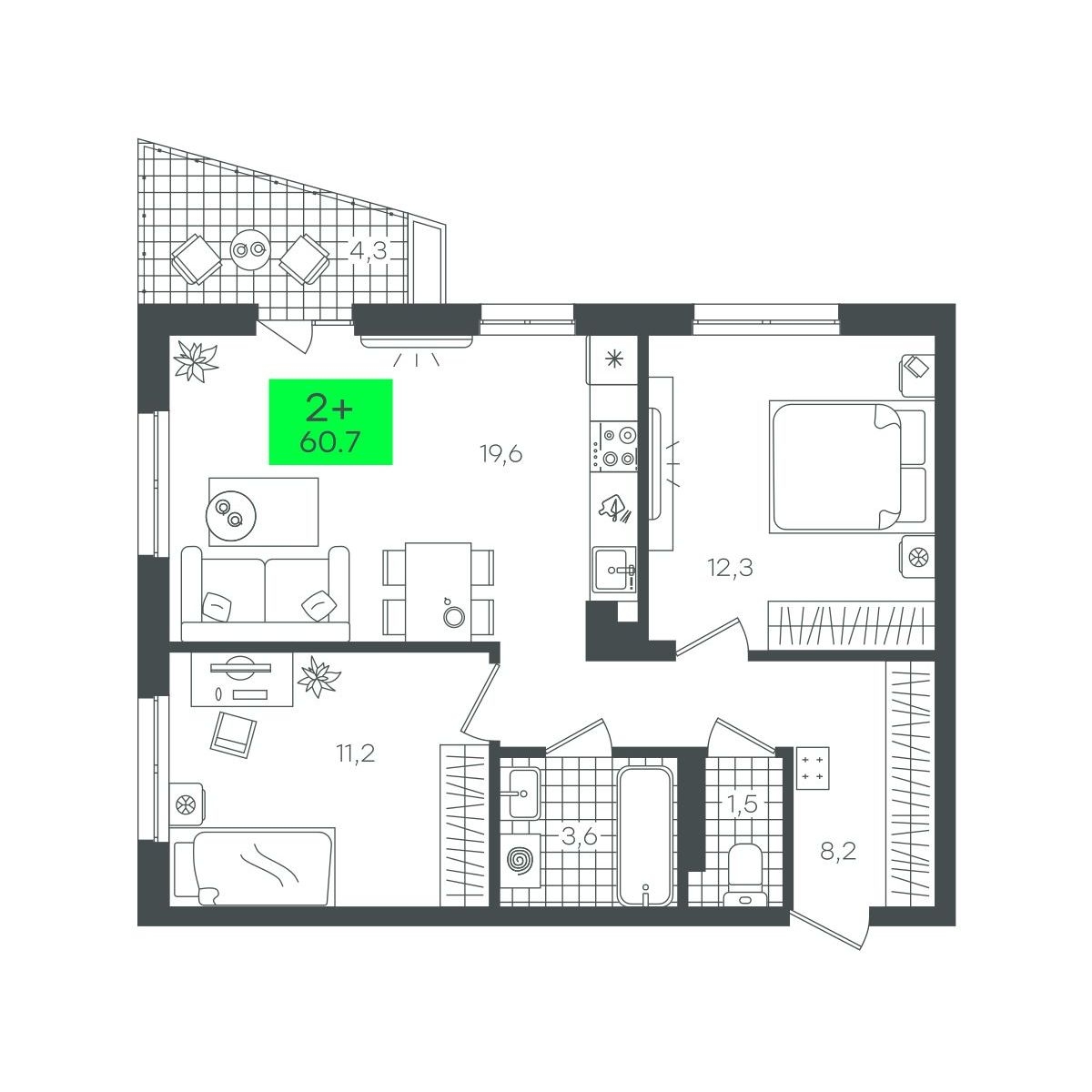 Планировка: Евротрешка 60.7 м² в ЖК Сезоны, От Слободы до Комарово парк