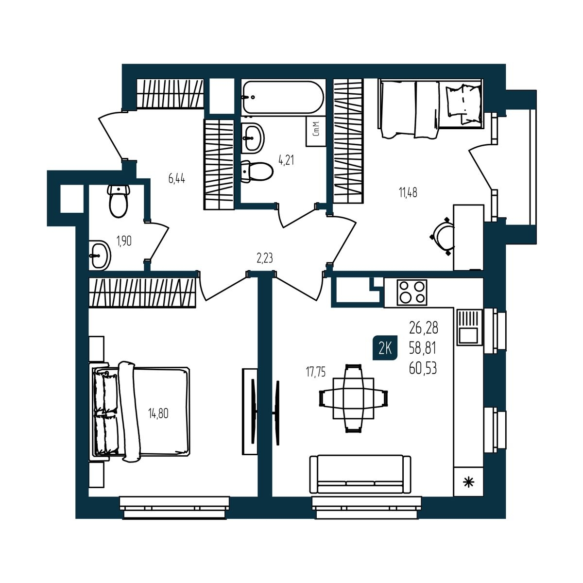 Планировка: Евротрешка 58.8 м² в ЖК Квартал мятный, Мыс