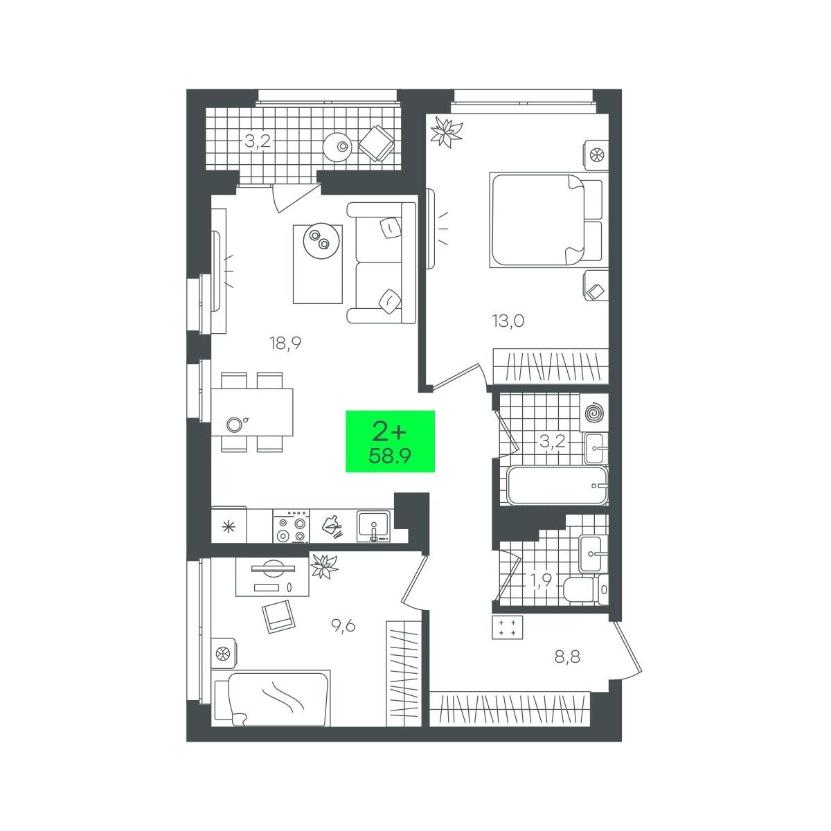 Планировка: Евротрешка 58.9 м² в ЖК Сезоны, От Слободы до Комарово парк
