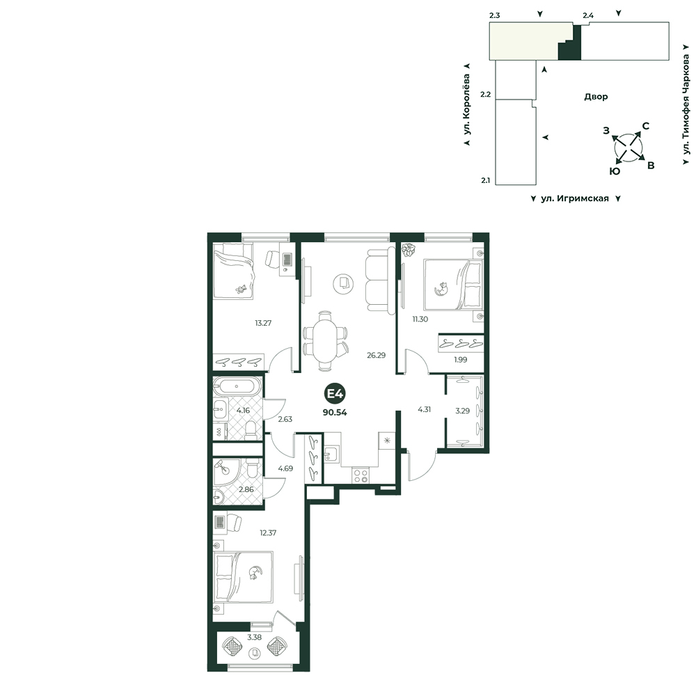 Планировка: 4-комнатная евро 90.5 м² в ЖК Игрим, От Тарманов до Тобольского тракта