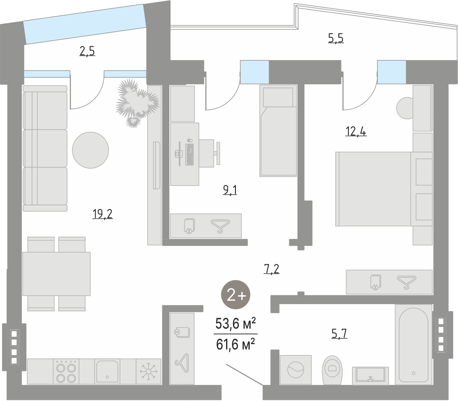 Планировка: Евротрешка 53.6 м² в ЖК Кипрея, Область