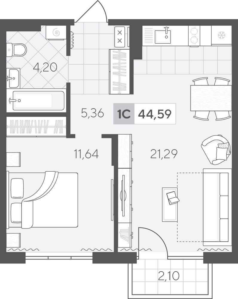 Планировка: Евродвушка 44.6 м² в ЖК Скандиа. Квартал у озера, Лесобаза