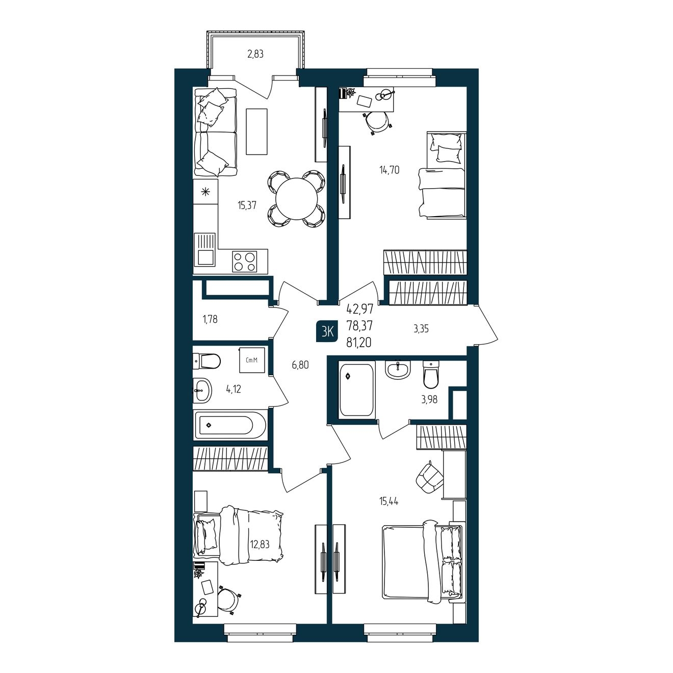Планировка: 4-комнатная евро 78.4 м² в ЖК Квартал мятный, Мыс