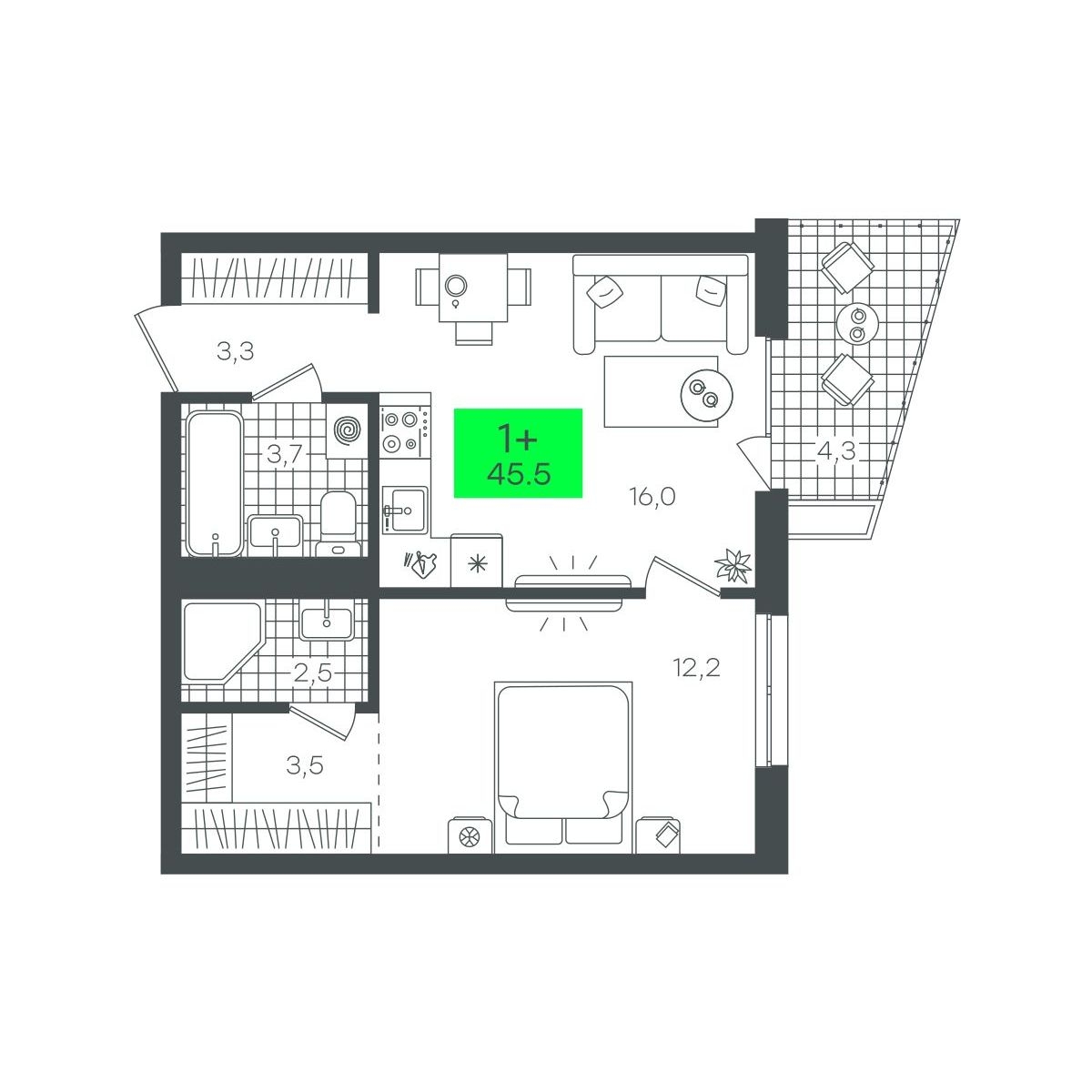 Планировка: Евродвушка 45.5 м² в ЖК Сезоны, От Слободы до Комарово парк