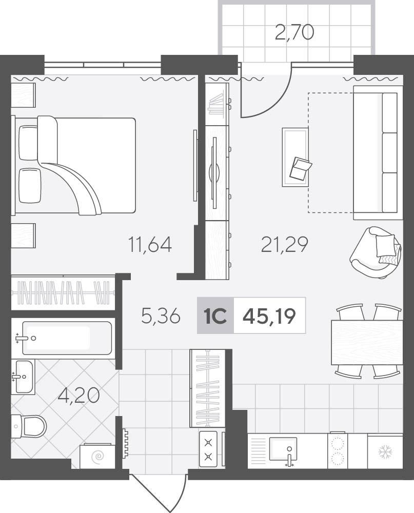 Планировка: Евродвушка 45.2 м² в ЖК Скандиа. Квартал у озера, Лесобаза