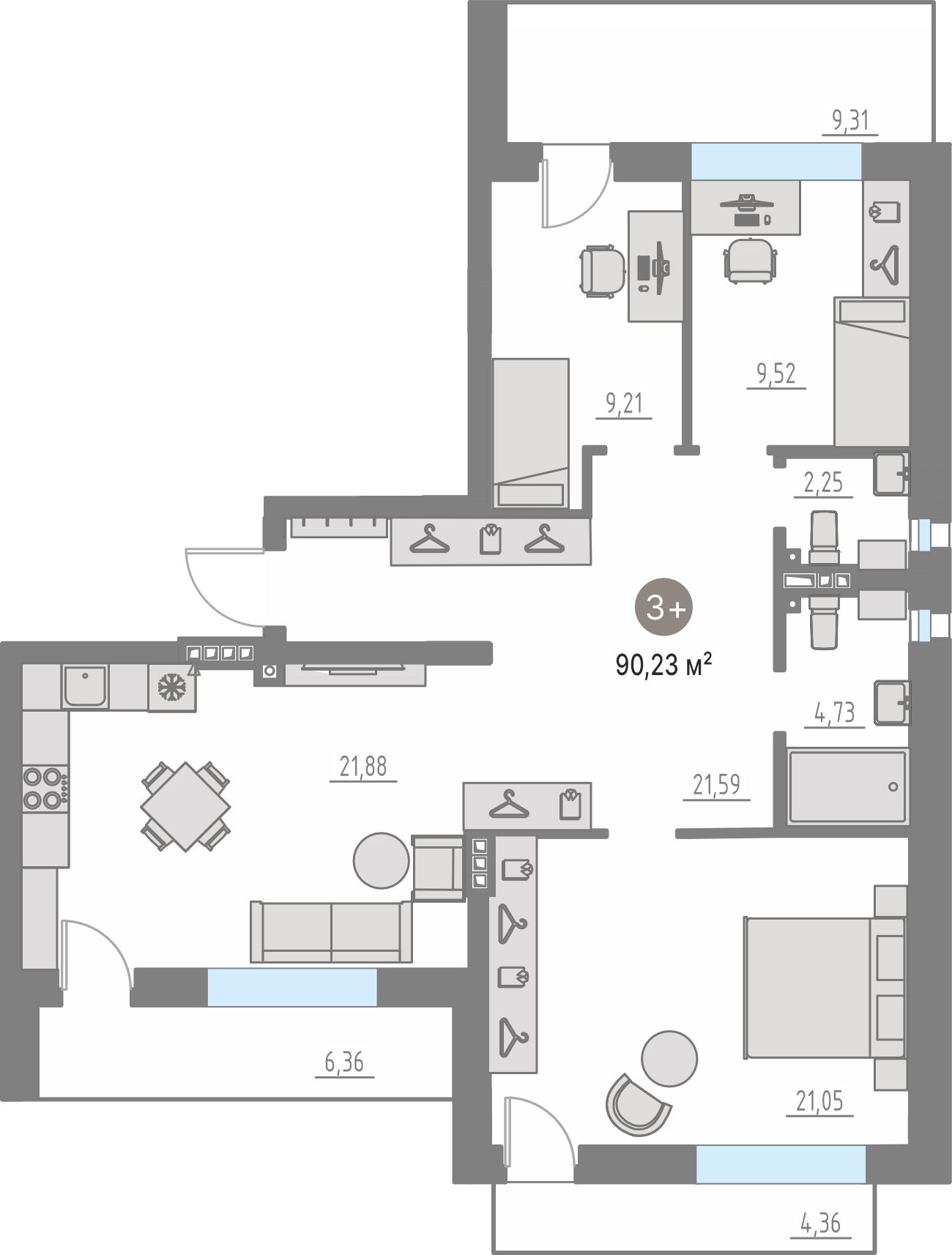 Планировка: 4-комнатная евро 88.9 м² в ЖК Кипрея, Область