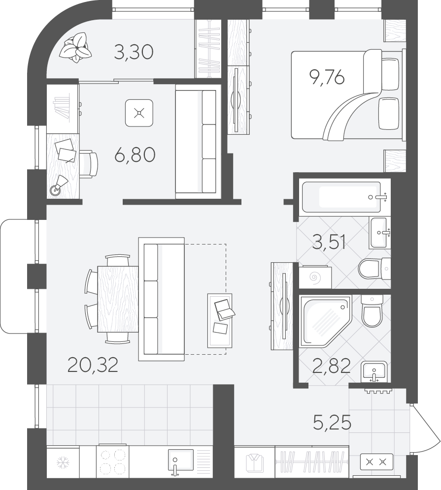 Планировка: Евротрешка 51.8 м² в ЖК Скандиа. Квартал в Комарово Парк, Комарово Парк