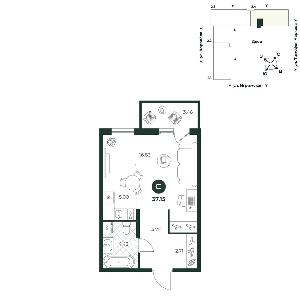 Планировка: Студия 37.1 м² в ЖК Игрим, От Тарманов до Тобольского тракта