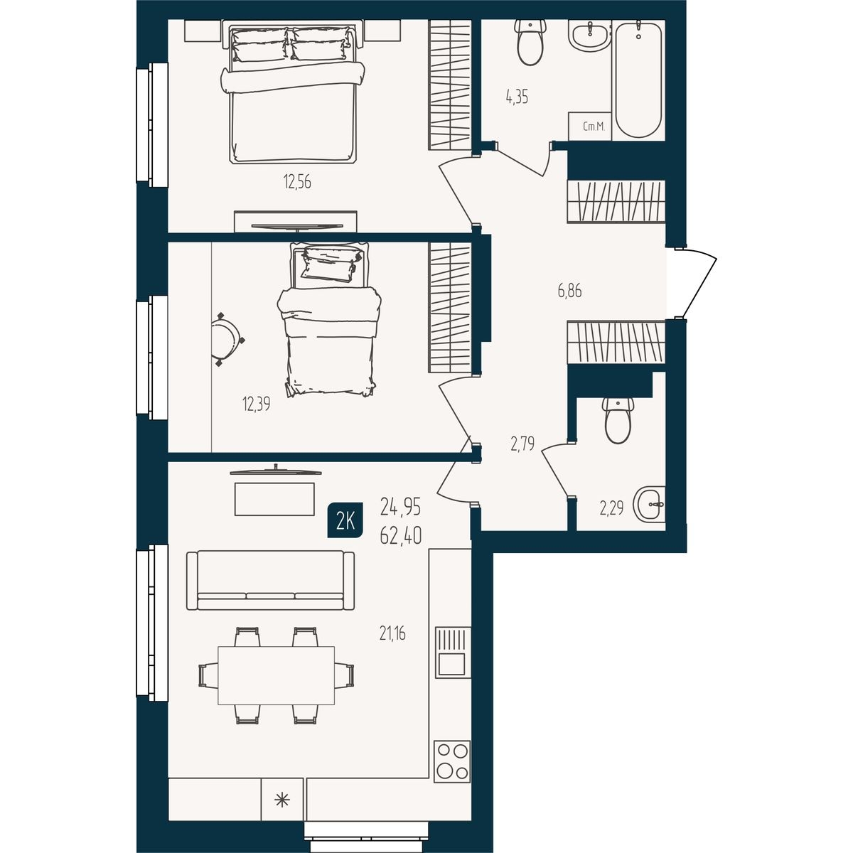 Планировка: Евротрешка 62.4 м² в ЖК Квартал мятный, Мыс