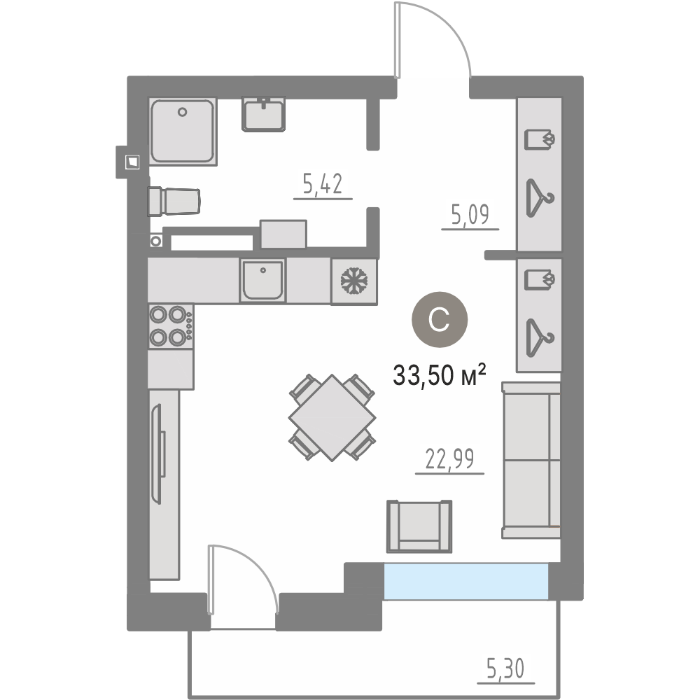 Планировка: Студия 33.4 м² в ЖК Кипрея, Область