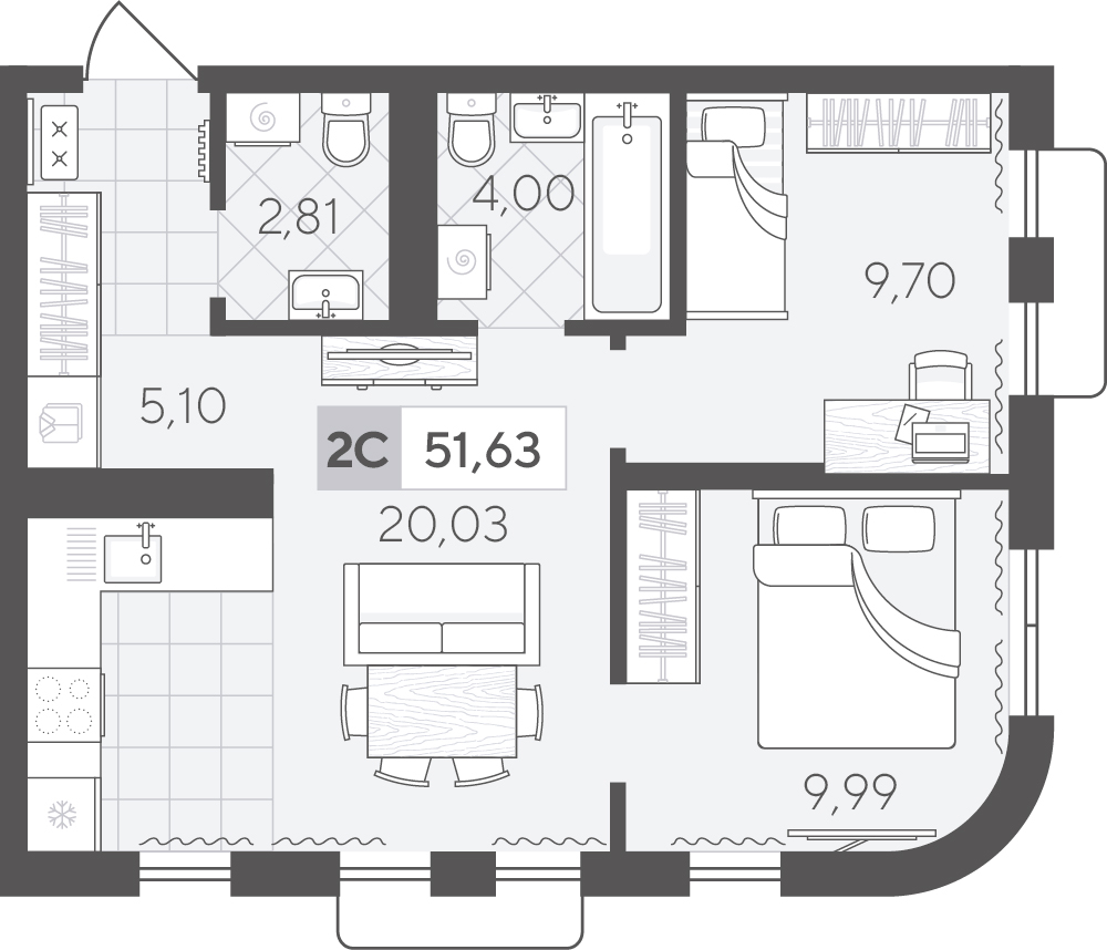Планировка: Евротрешка 51.6 м² в ЖК Скандиа. Квартал в Комарово Парк, Комарово Парк