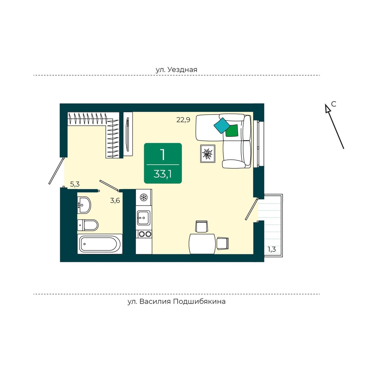 Планировка: Студия 33.1 м² в ЖК Уездные кварталы, Тюменская слобода