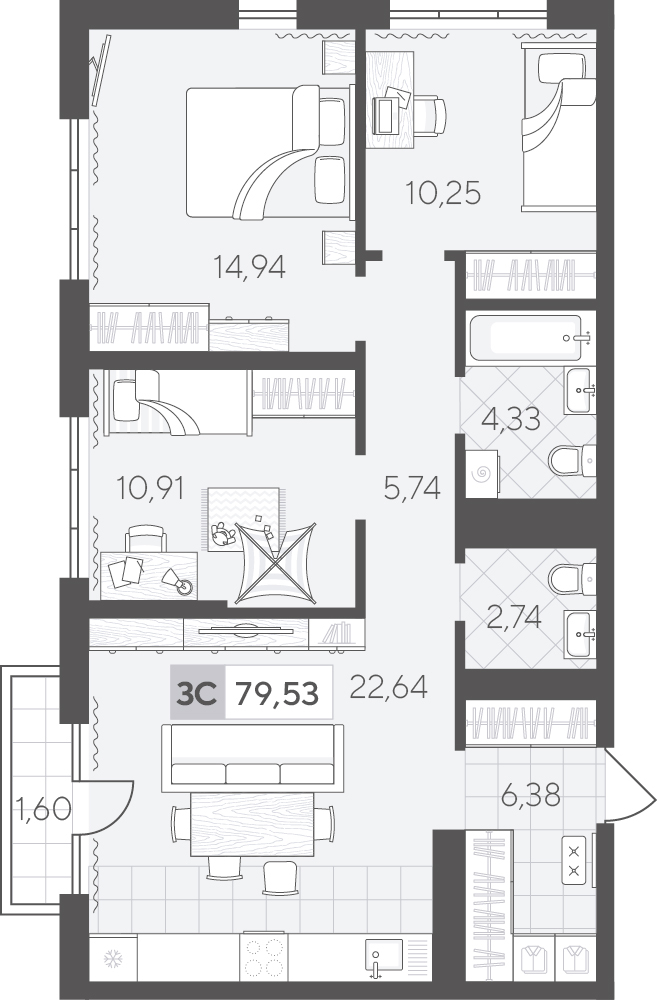 Планировка: 4-комнатная евро 79.5 м² в ЖК Скандиа. Квартал в Комарово Парк, Комарово Парк