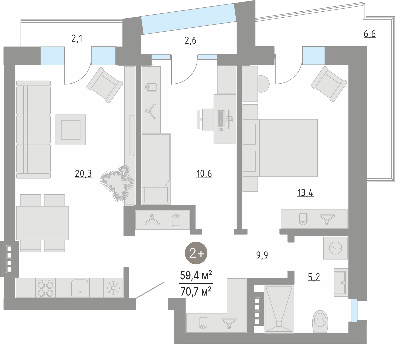 Планировка: Евротрешка 59.4 м² в ЖК Кипрея, Область