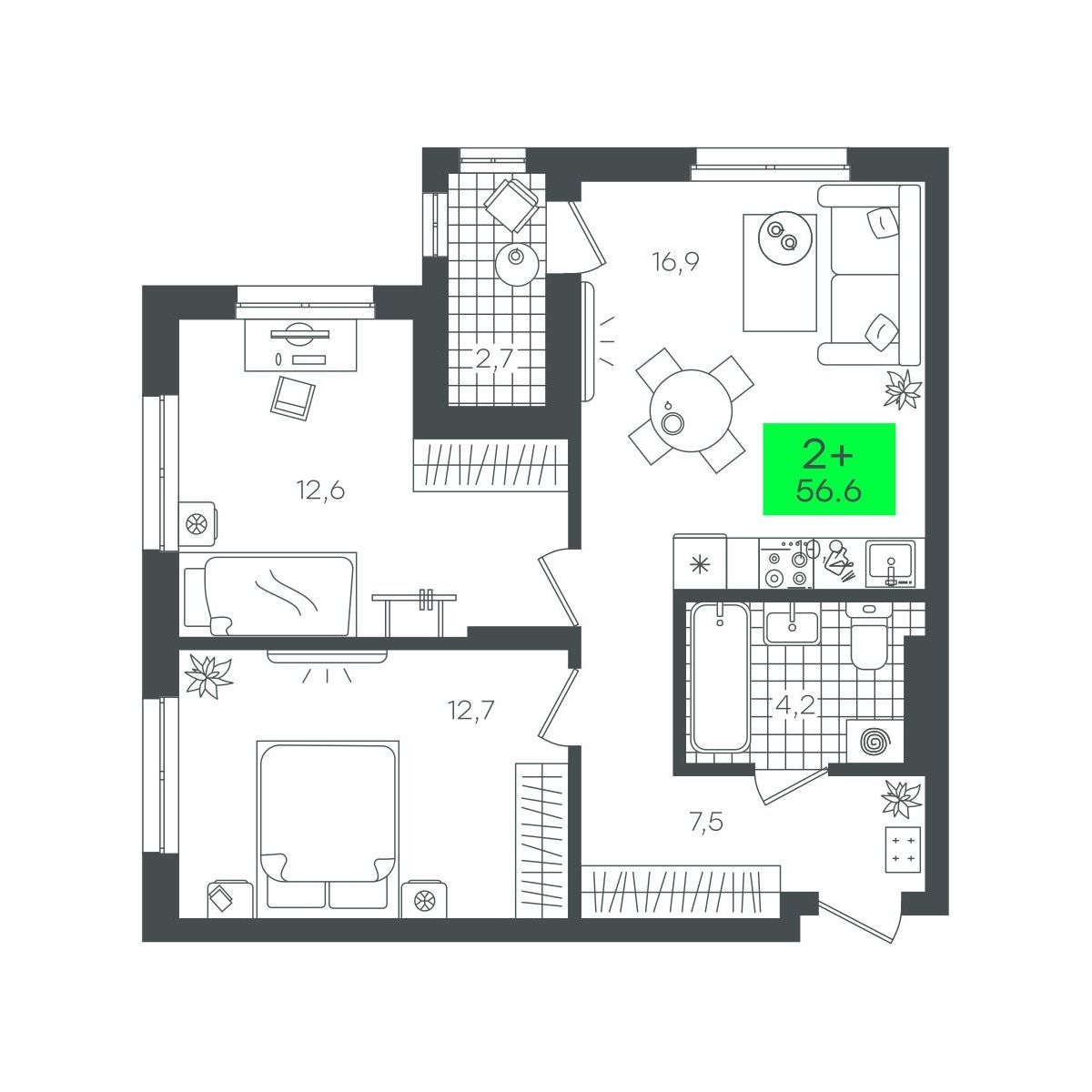 Планировка: Евротрешка 56.6 м² в ЖК Сезоны, От Слободы до Комарово парк