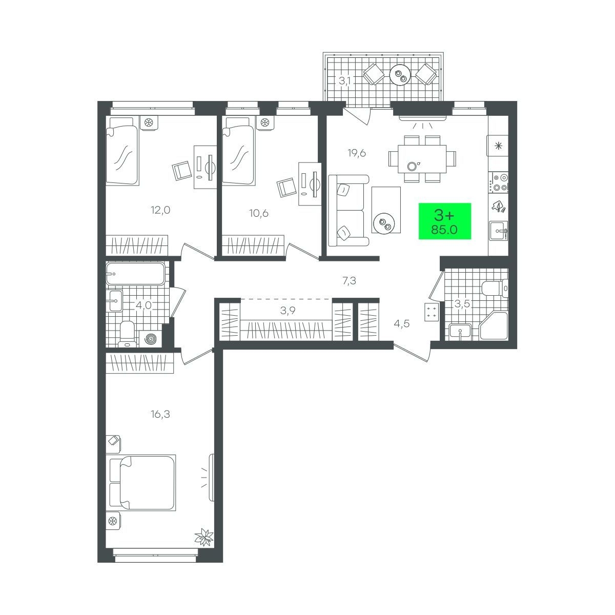Планировка: 4-комнатная евро 85.1 м² в ЖК Сезоны, От Слободы до Комарово парк