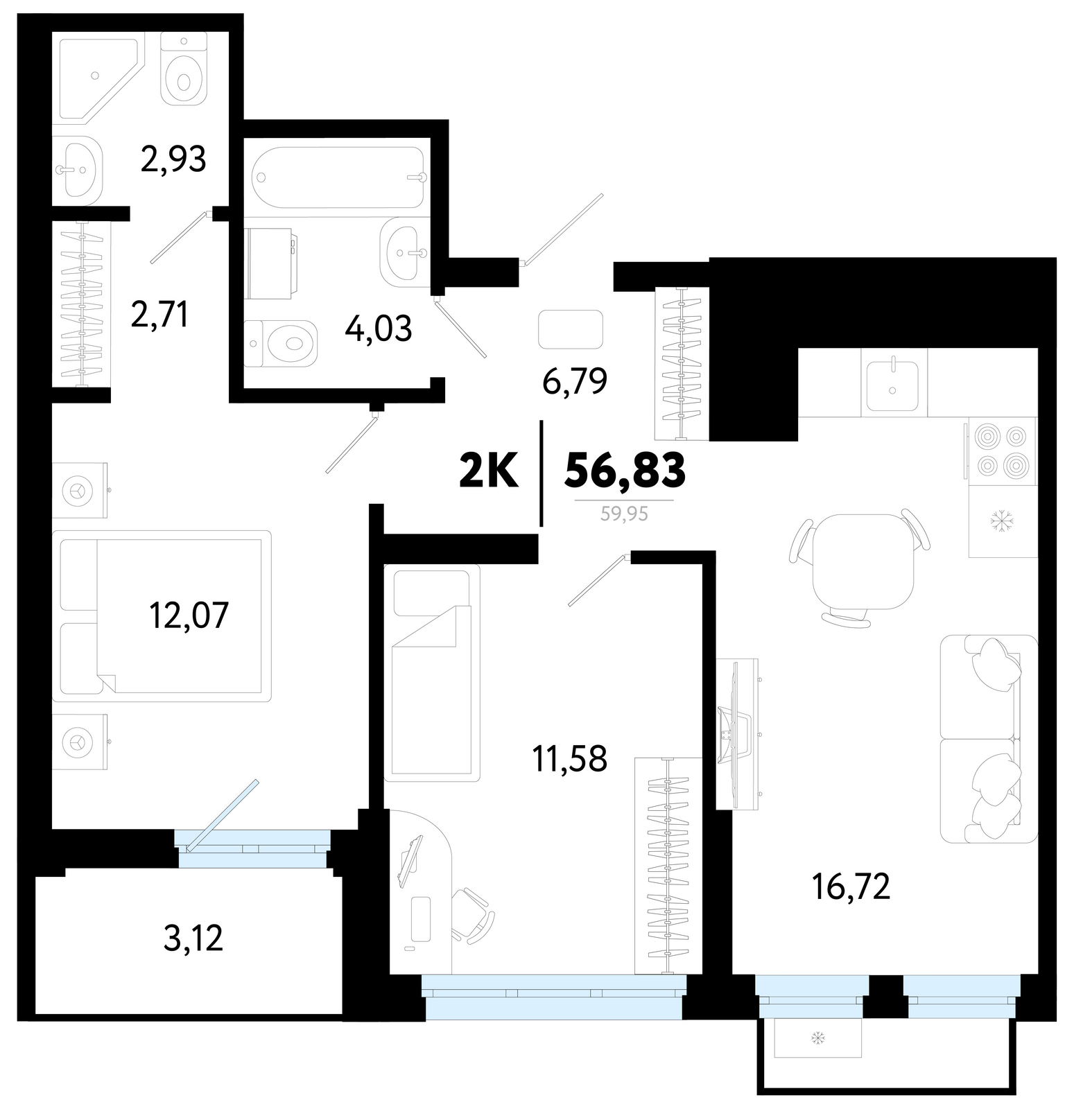 Планировка: Евротрешка 56.8 м² в ЖК Символ, Комарово Парк