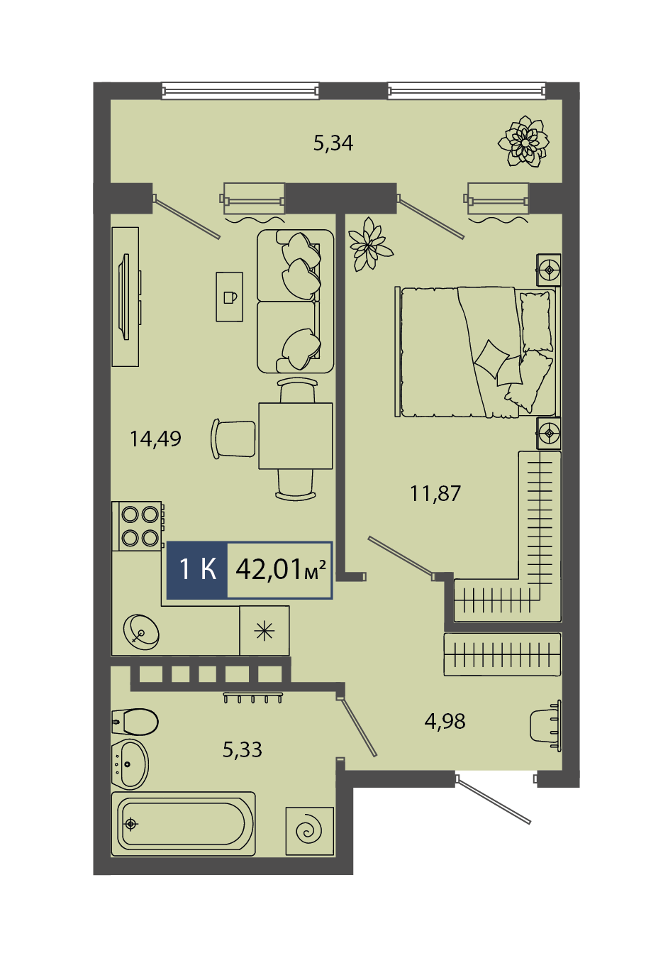 Планировка: Евродвушка 42 м² в ЖК Смородина, Мелиораторов