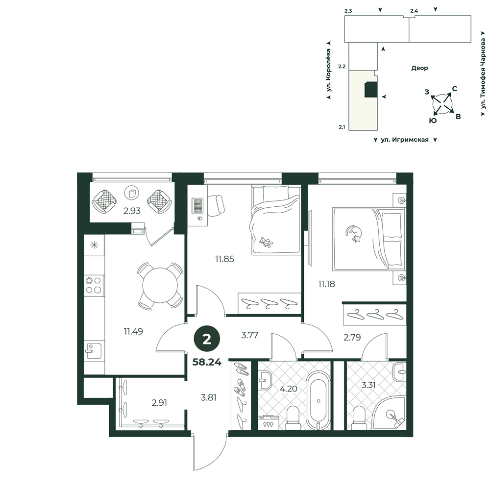 Планировка: 2-комнатная 58.2 м² в ЖК Игрим, От Тарманов до Тобольского тракта