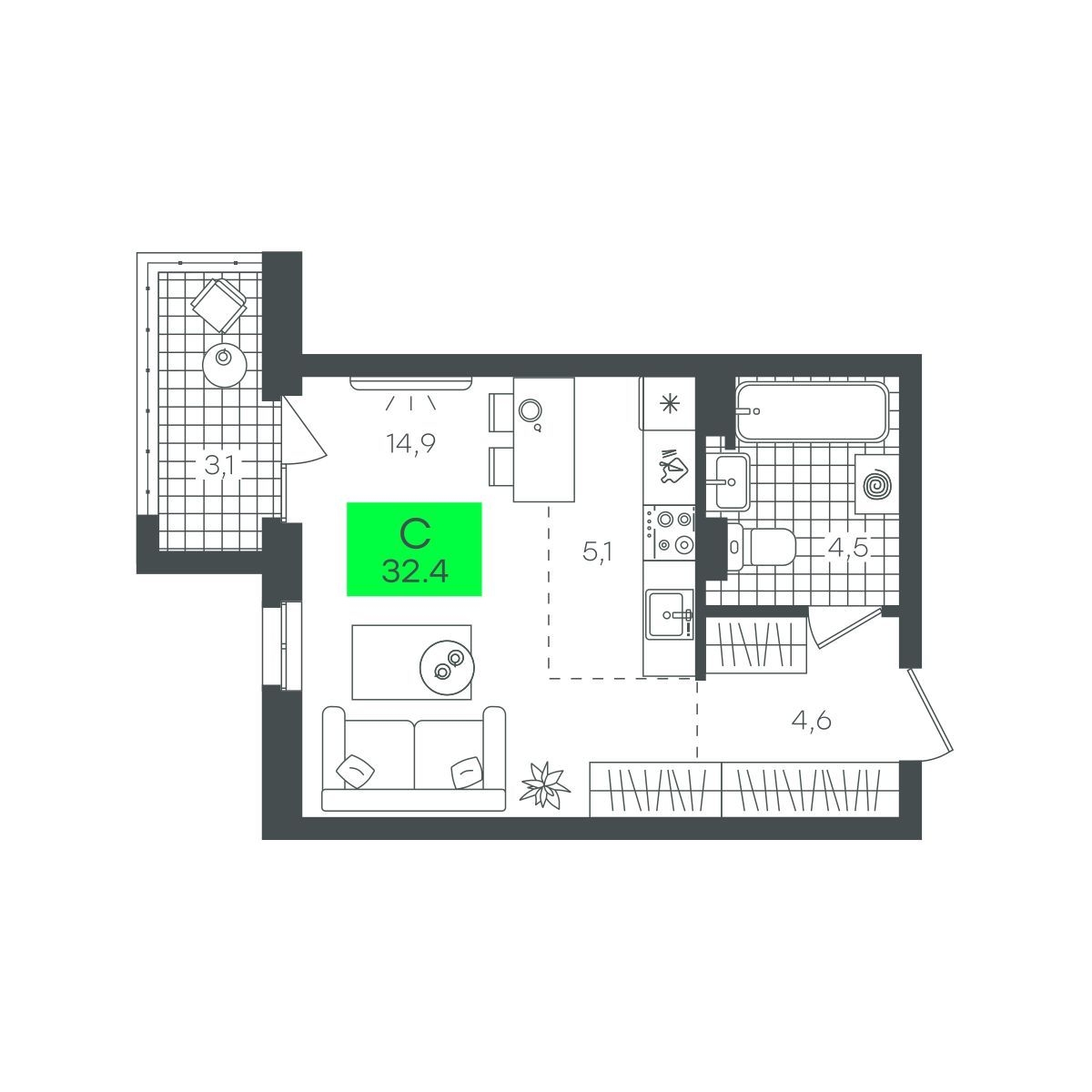 Планировка: Студия 32.4 м² в ЖК Сезоны, От Слободы до Комарово парк