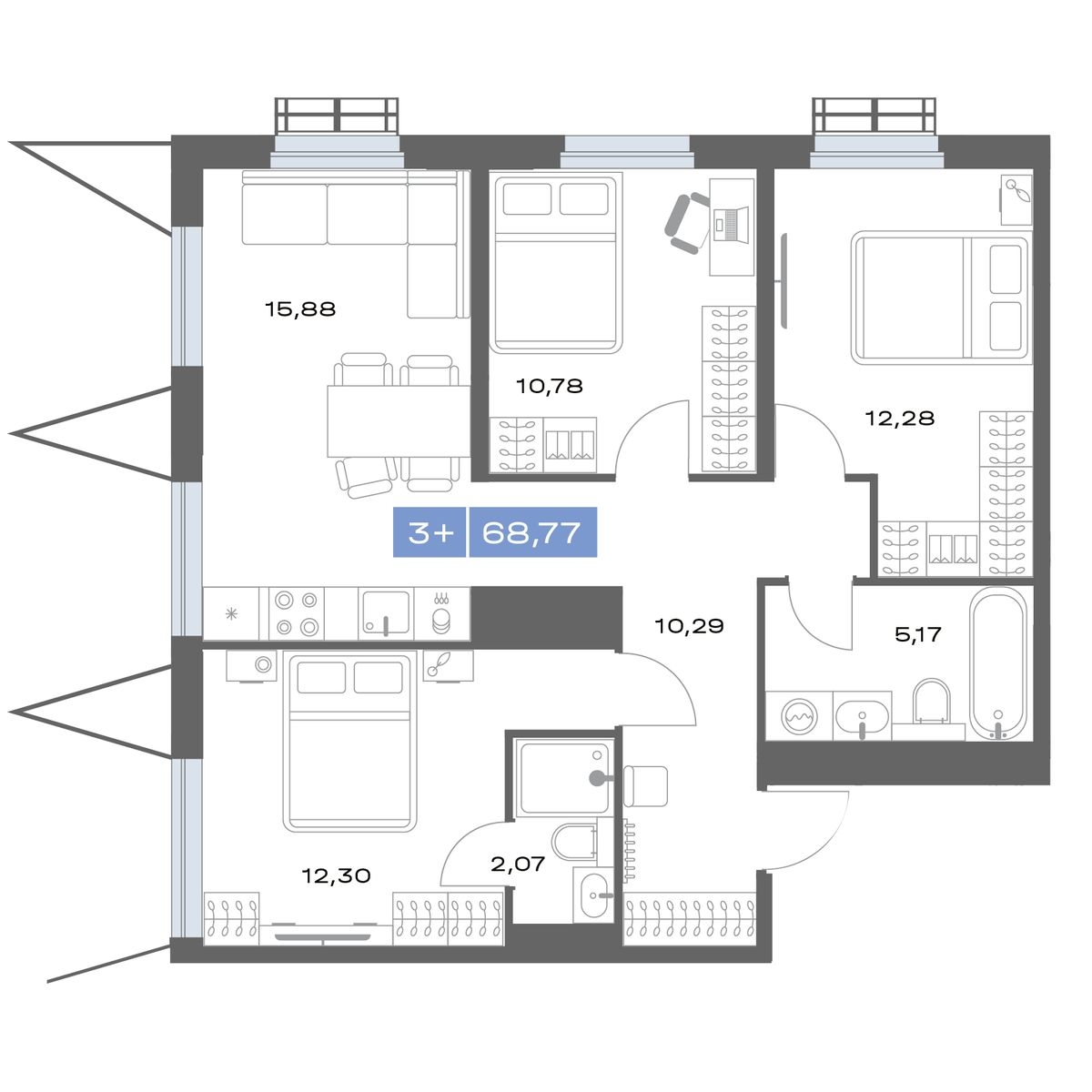 Планировка: 4-комнатная евро 68.8 м² в ЖК Толк Медный, Ватутина