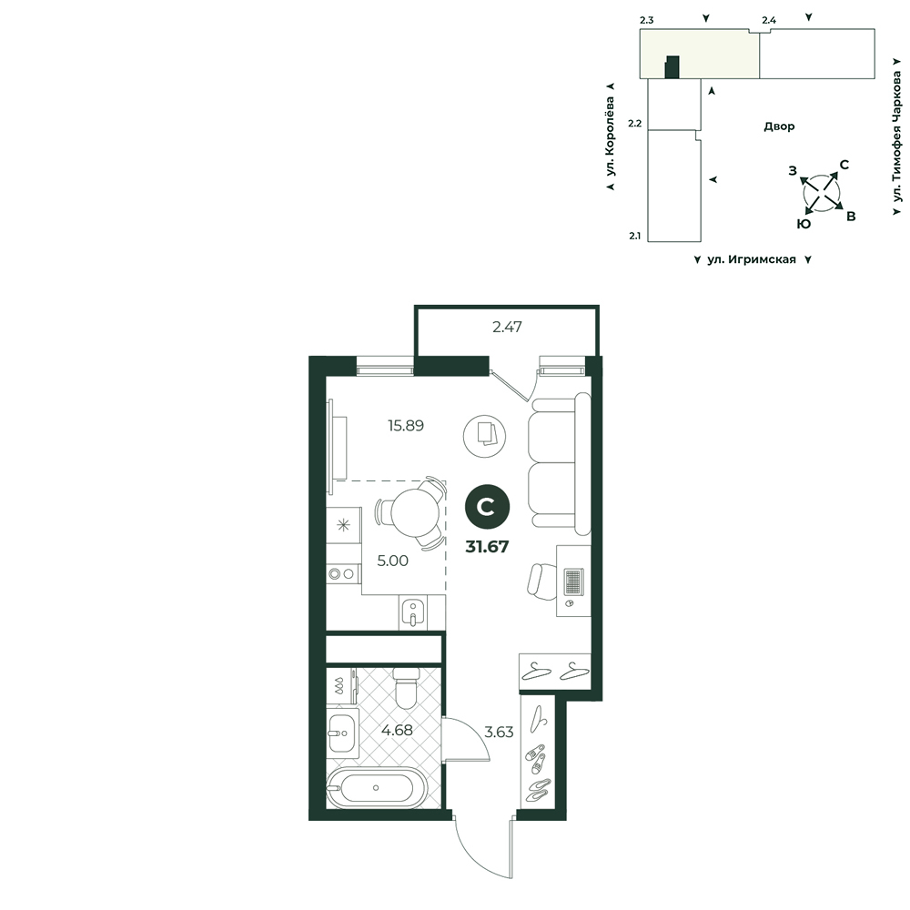 Планировка: Студия 31.7 м² в ЖК Игрим, От Тарманов до Тобольского тракта