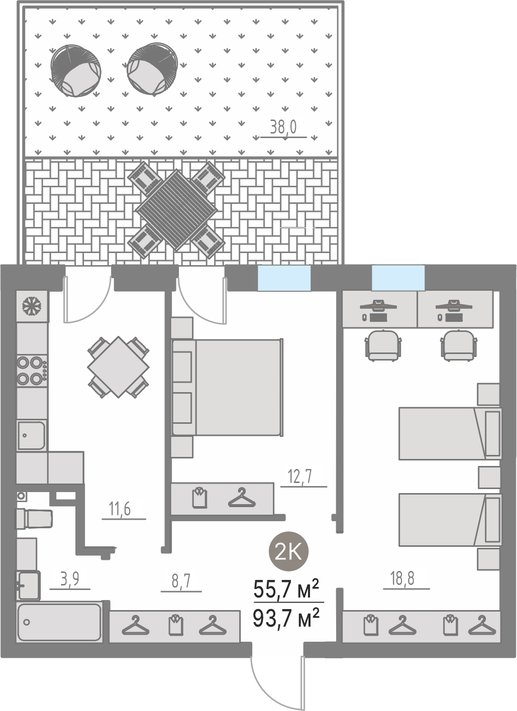Планировка: 2-комнатная 55.7 м² в ЖК Кипрея, Область