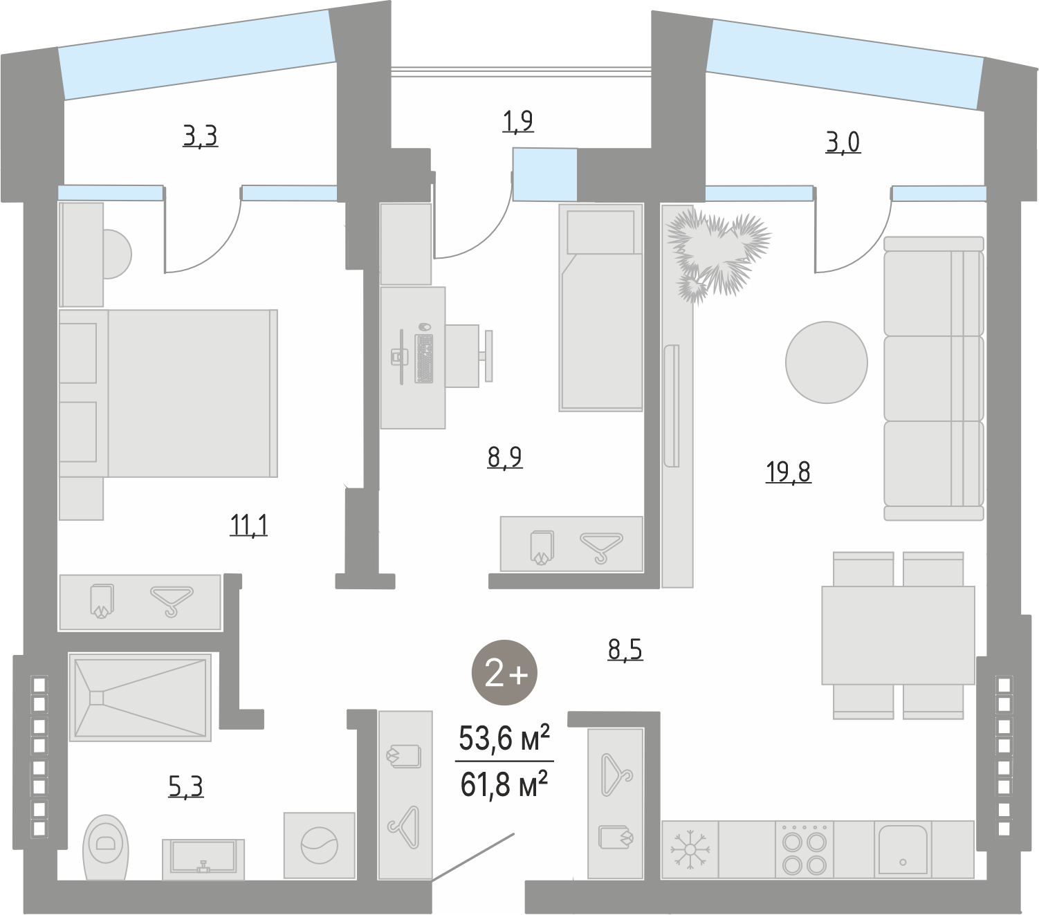 Планировка: Евротрешка 53.6 м² в ЖК Кипрея, Область