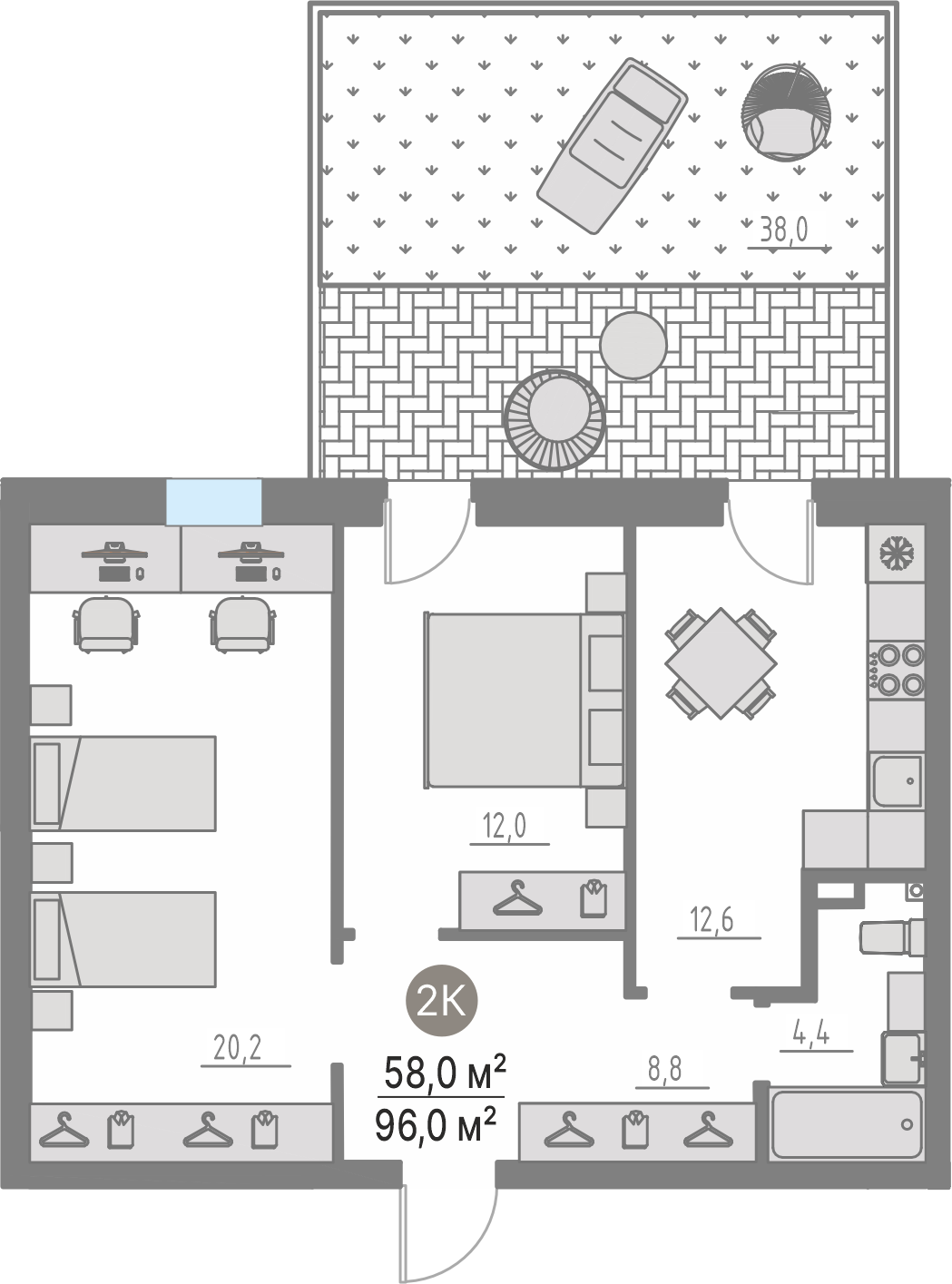 Планировка: 2-комнатная 58 м² в ЖК Кипрея, Область
