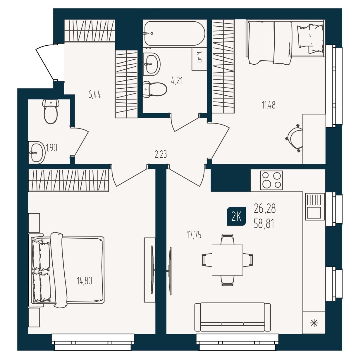 Планировка: Евротрешка 58.8 м² в ЖК Квартал мятный, Мыс