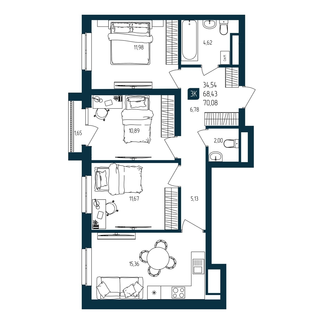 Планировка: 4-комнатная евро 68.4 м² в ЖК Квартал мятный, Мыс