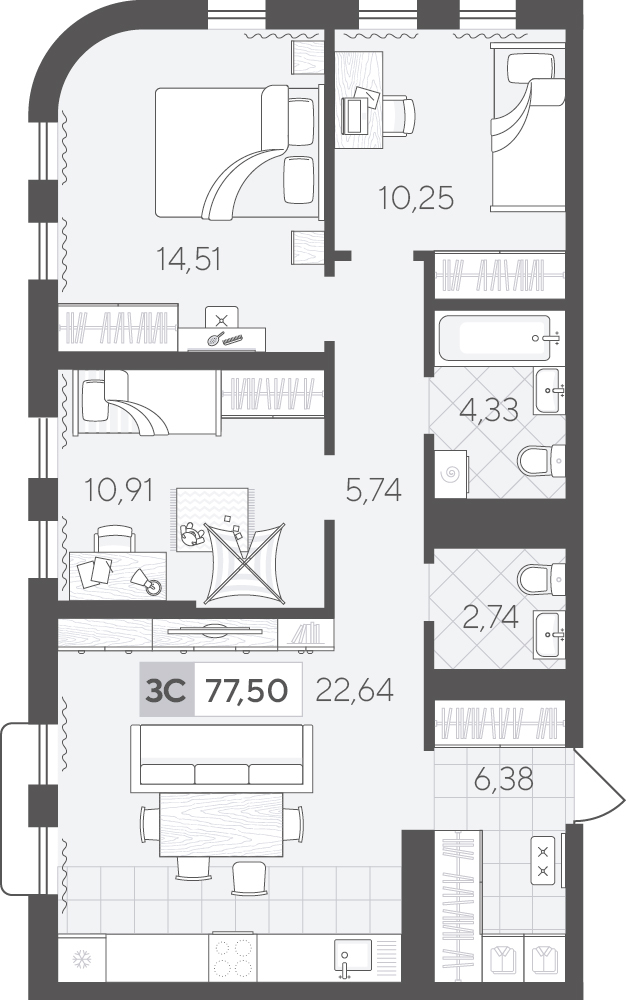 Планировка: 4-комнатная евро 77.5 м² в ЖК Скандиа. Квартал в Комарово Парк, Комарово Парк