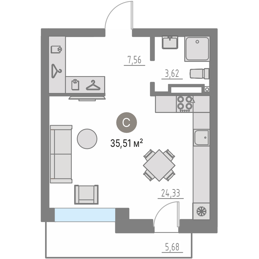 Планировка: Студия 35.3 м² в ЖК Кипрея, Область