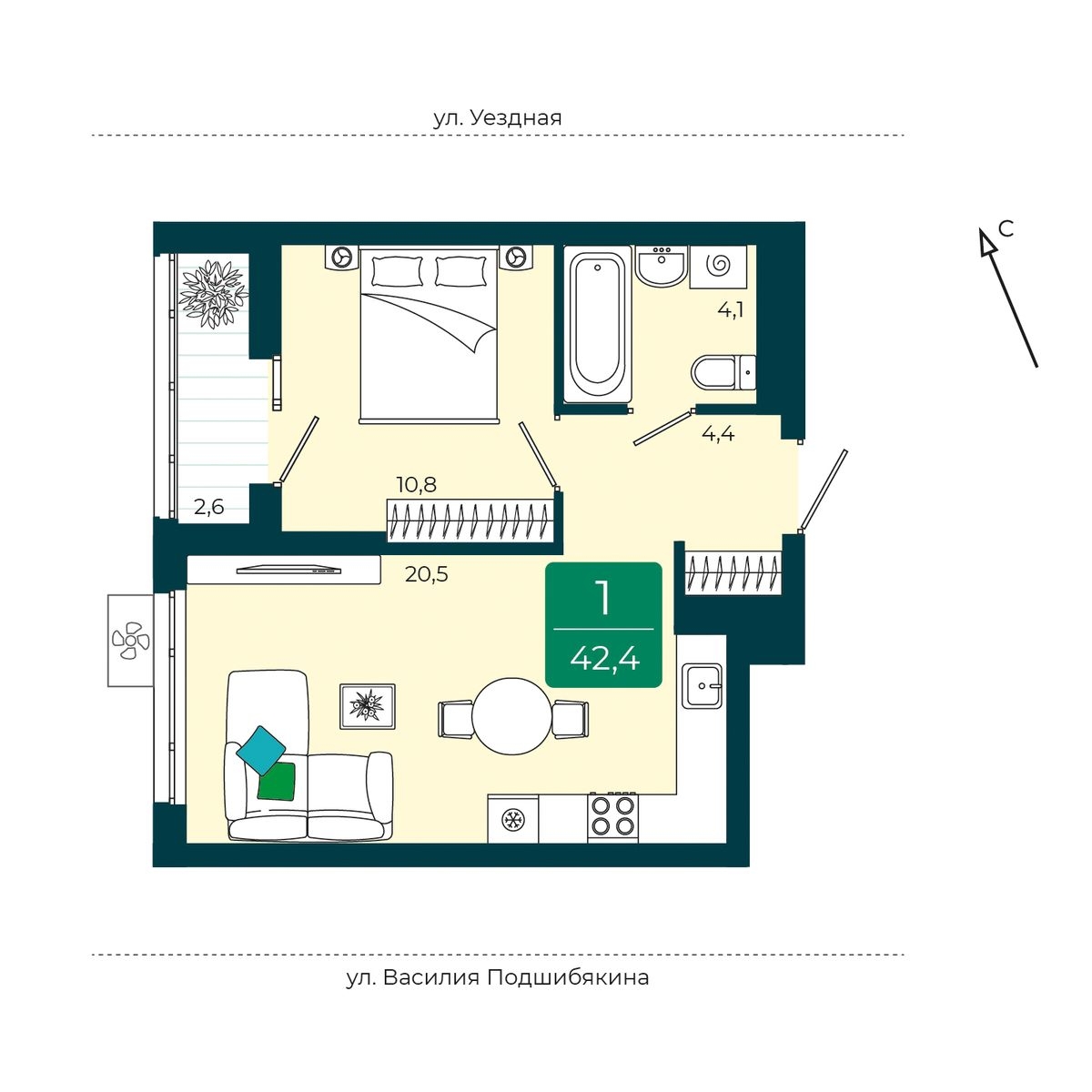Планировка: Евродвушка 42.4 м² в ЖК Уездные кварталы, Тюменская слобода