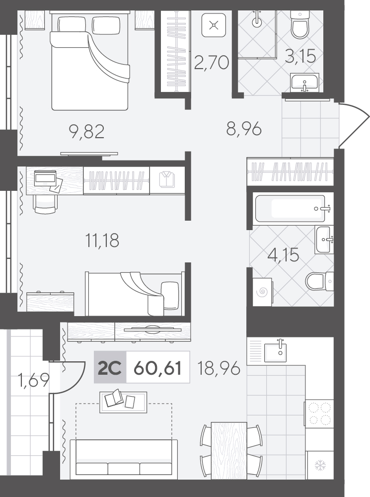 Планировка: Евротрешка 60.6 м² в ЖК Скандиа. Квартал в Комарово Парк, Комарово Парк