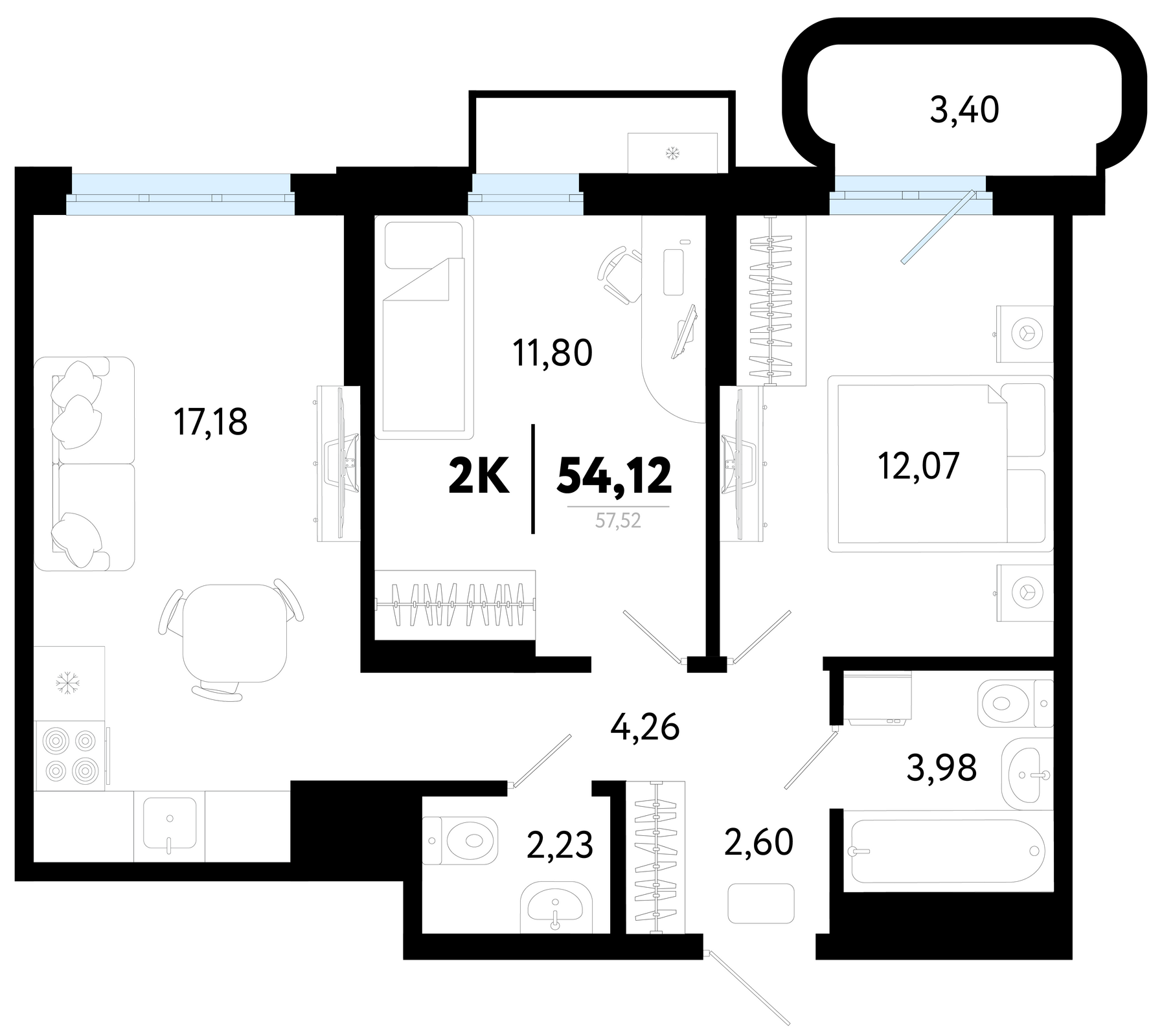 Планировка: Евротрешка 54.1 м² в ЖК Символ, Комарово Парк