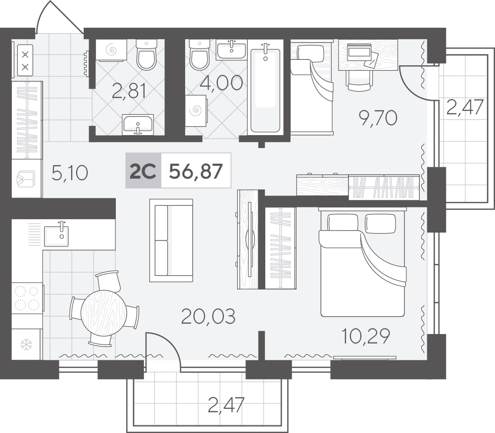 Планировка: Евротрешка 56.9 м² в ЖК Скандиа. Квартал в Комарово Парк, Комарово Парк