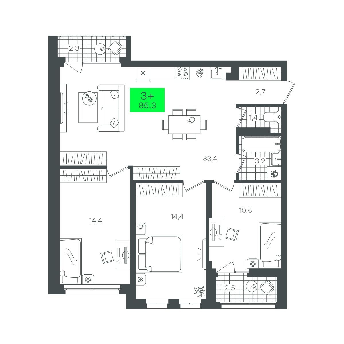 Планировка: 4-комнатная евро 85.3 м² в ЖК Сезоны, От Слободы до Комарово парк