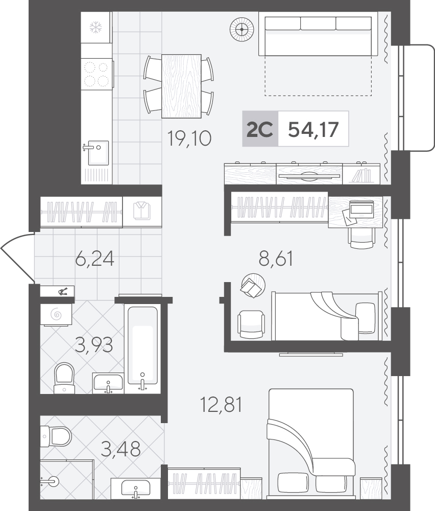 Планировка: Евротрешка 54.2 м² в ЖК Скандиа. Квартал в Комарово Парк, Комарово Парк