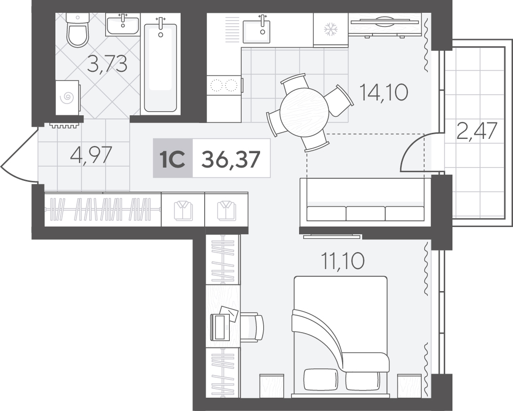 Планировка: Евродвушка 36.4 м² в ЖК Скандиа. Квартал в Комарово Парк, Комарово Парк