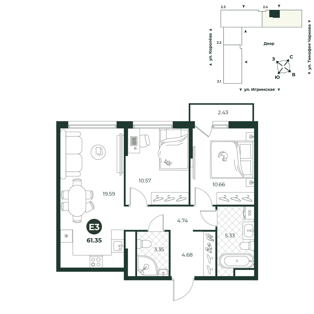 Планировка: Евротрешка 61.4 м² в ЖК Игрим, От Тарманов до Тобольского тракта