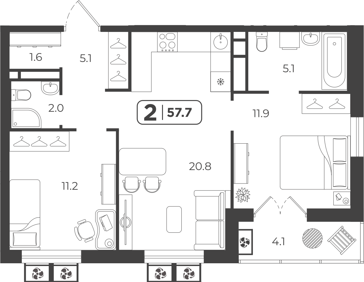Планировка: Евротрешка 57.8 м² в ЖК Симфония, Центр: Студгородок