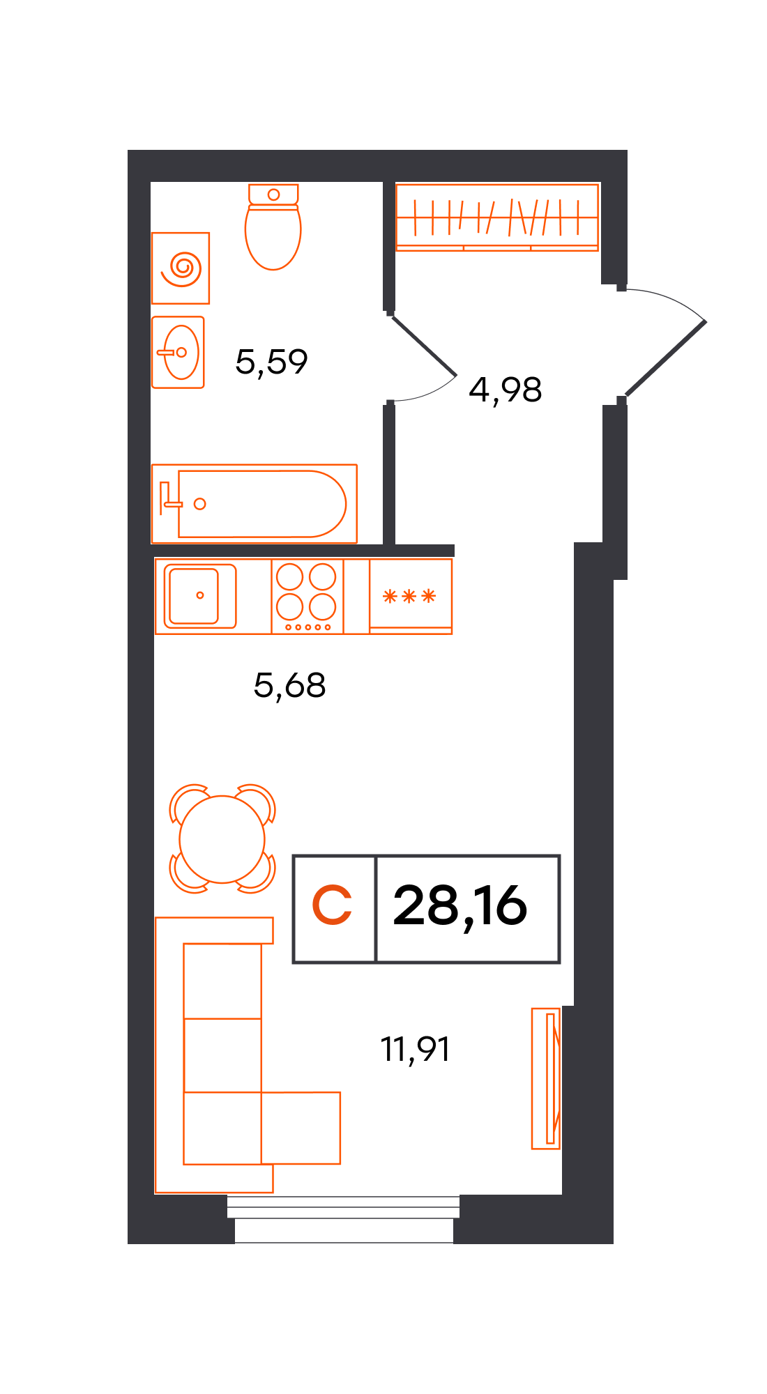 Планировка: Студия 28.2 м² в ЖК Фатера, Дом Обороны