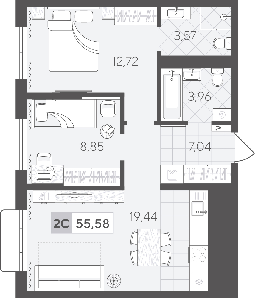 Планировка: Евротрешка 55.6 м² в ЖК Скандиа. Квартал в Комарово Парк, Комарово Парк